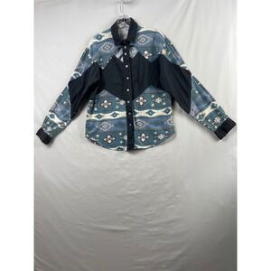 Southwest Canyon Button Down Shirt Women Medium Blue Tribal Vintage 1994 Cutout